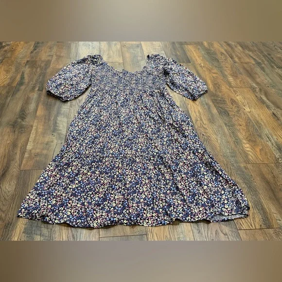 Gap Women’s Floral Midi Dress, Size XXL, Blue Multicolor, Smocked Top, NEW - Picture 3 of 8